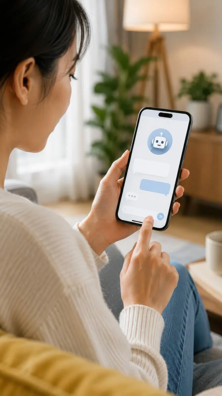 Utilisatrice consultant une conversation avec une IA sur son smartphone, contexte dans lequel s'affichent les cartes sponsorisées