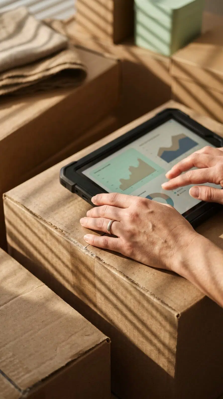 Mains d’une commerçante consultant ses indicateurs de vente sur une tablette